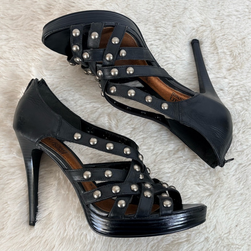 Cathy Jean Brazil Black Studded Leather Stiletto Heels Glam Biker Rocker Size 10